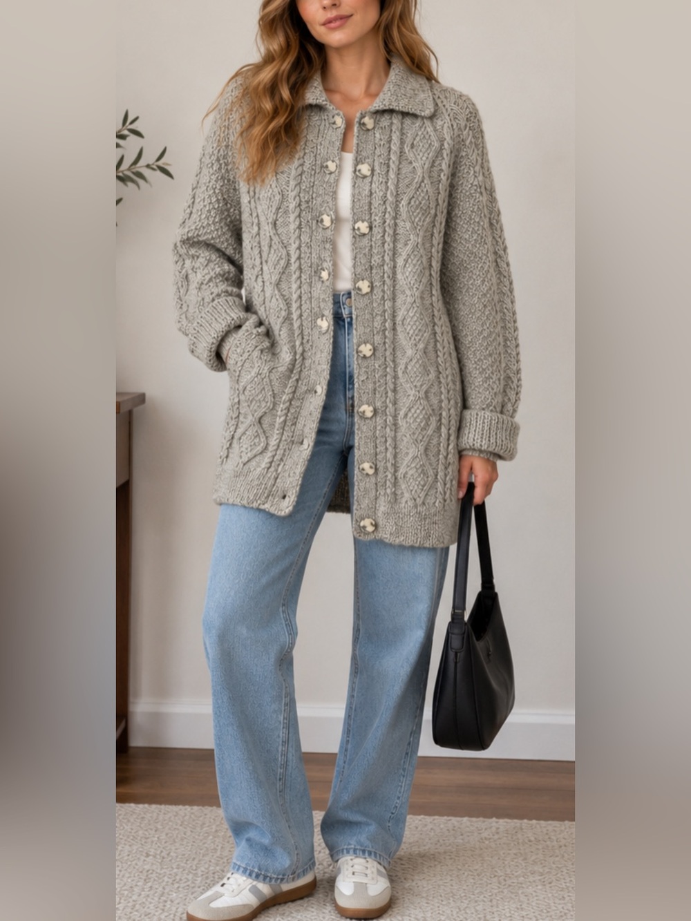 Vintage Black Sheep Great Britain L Pure Oiled Wool Cable Knit Cardigan Sweater